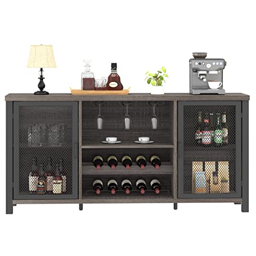 Launica Liquor Bar Cabinet, Industrial Wine Bar Cabinet, Rustic Sideboard Buffet Cabinet for Liquor and Glasses, Coffee Bar Cabinet with Storage Rack for Home Kitchen Dining Room, Dark Grey Oak, 55 In