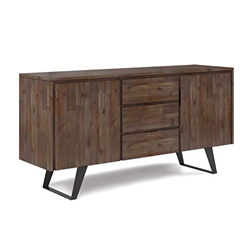 SIMPLIHOME Lowry SOLID ACACIA WOOD and Metal 60 inch Wide Rectangle Sideboard Buffet in Rustic Natural Aged Brown with Storage Compartment and 3 drawers for the Dining Room Kitchen,