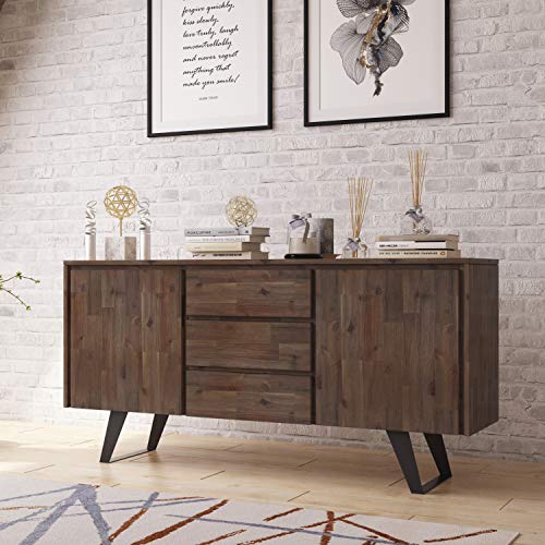 SIMPLIHOME Lowry SOLID ACACIA WOOD and Metal 60 inch Wide Rectangle Sideboard Buffet in Rustic Natural Aged Brown with Storage Compartment and 3 drawers for the Dining Room Kitchen,