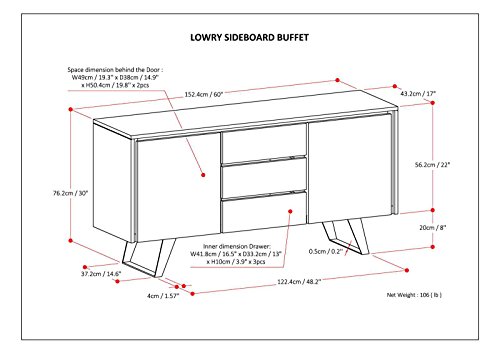SIMPLIHOME Lowry SOLID ACACIA WOOD and Metal 60 inch Wide Rectangle Sideboard Buffet in Rustic Natural Aged Brown with Storage Compartment and 3 drawers for the Dining Room Kitchen,