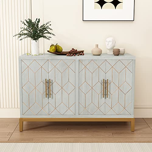 HLR 48" Accent Cabinet with 4 Doors and Shelves, Modern Storage Cabinet with Gold Trim, Buffet Cabinet for Living Room, Kitchen, Dining Room, Hallway, Green and Gold