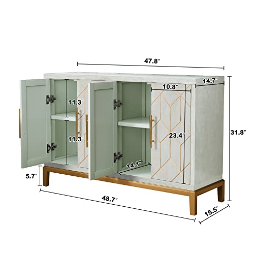 HLR 48" Accent Cabinet with 4 Doors and Shelves, Modern Storage Cabinet with Gold Trim, Buffet Cabinet for Living Room, Kitchen, Dining Room, Hallway, Green and Gold