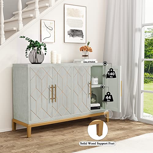 HLR 48" Accent Cabinet with 4 Doors and Shelves, Modern Storage Cabinet with Gold Trim, Buffet Cabinet for Living Room, Kitchen, Dining Room, Hallway, Green and Gold