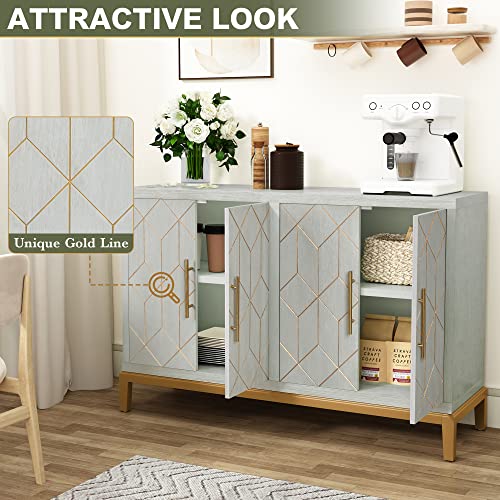 HLR 48" Accent Cabinet with 4 Doors and Shelves, Modern Storage Cabinet with Gold Trim, Buffet Cabinet for Living Room, Kitchen, Dining Room, Hallway, Green and Gold