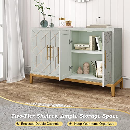 HLR 48" Accent Cabinet with 4 Doors and Shelves, Modern Storage Cabinet with Gold Trim, Buffet Cabinet for Living Room, Kitchen, Dining Room, Hallway, Green and Gold