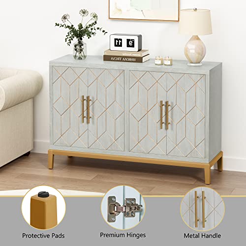 HLR 48" Accent Cabinet with 4 Doors and Shelves, Modern Storage Cabinet with Gold Trim, Buffet Cabinet for Living Room, Kitchen, Dining Room, Hallway, Green and Gold