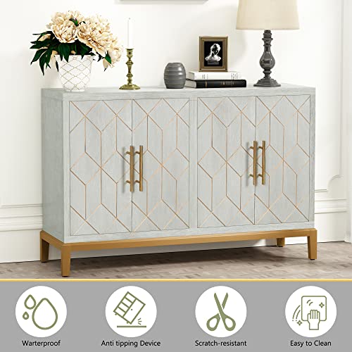 HLR 48" Accent Cabinet with 4 Doors and Shelves, Modern Storage Cabinet with Gold Trim, Buffet Cabinet for Living Room, Kitchen, Dining Room, Hallway, Green and Gold