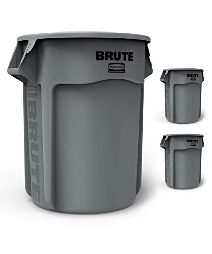 Rubbermaid Commercial Products BRUTE Heavy-Duty Trash/Garbage Can, 55-Gallon, Gray, Wastebasket for Home/Garage/Mall/Office/Stadium/Bathroom, Pack of 3