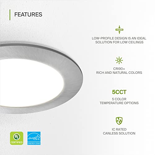 ASD 12 Pack Ultra Thin 4 Inch Brushed Nickel LED Recessed Lights, 5 CCT 2700K-5000K, 12W 50W Eqv, Dimmable Canless Ceiling Wafer Downlight with Junction Box, 893Lm High Brightness - UL Energy Star