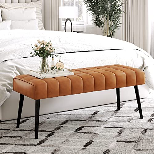 LUE BONA 44.5” End of Bed Bench, Faux Leather Tufted Upholstered Bedroom Bench, Modern Ottoman Bench with Metal Legs for Living Room, Entryway, Dining Room, 300LB, Whiskey Brown