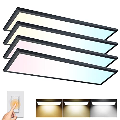 AIKVSXER 1x4 LED Flat Panel Light Surface Mount LED Ceiling Light Black, 5500LM 50W TRIAC 10-100% Dimmable, 3000/4000/5000k Selectable 4FT LED Light Fixtures for Garage/Kitchen/Laundry/Closet 4PACK