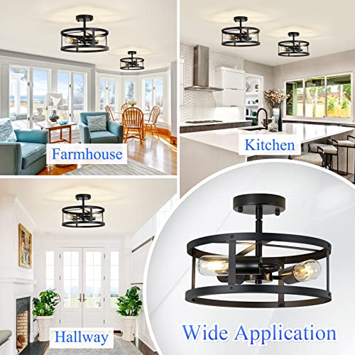 SKEJAO Black Semi Flush Mount Ceiling Light Fixture,3-Light Hallway Light Fixtures Ceiling,Light Fixtures Ceiling Mount for Farmhouse,Kitchen,Hall (2 Pack)
