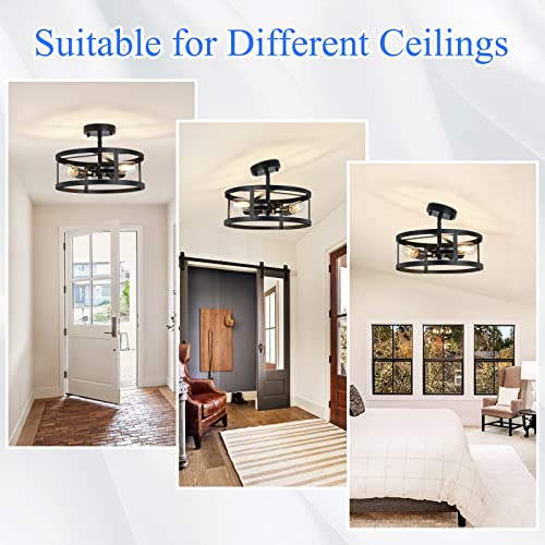 SKEJAO Black Semi Flush Mount Ceiling Light Fixture,3-Light Hallway Light Fixtures Ceiling,Light Fixtures Ceiling Mount for Farmhouse,Kitchen,Hall (2 Pack)