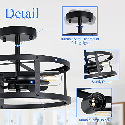 SKEJAO Black Semi Flush Mount Ceiling Light Fixture,3-Light Hallway Light Fixtures Ceiling,Light Fixtures Ceiling Mount for Farmhouse,Kitchen,Hall (2 Pack)