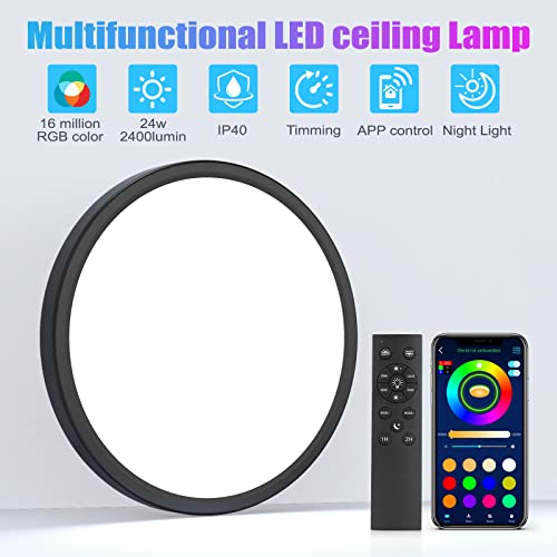 KEPLUG Flush Mount Ceiling Light 12Inch,24W RGB Ceiling Light Fixture with Remote Control Bluetooth App,Dimmable Led Ceiling Light 3000K-6500K,Round Close to Ceiling Lights Bedroom Kitchen Hallway