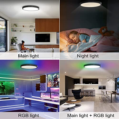 KEPLUG Flush Mount Ceiling Light 12Inch,24W RGB Ceiling Light Fixture with Remote Control Bluetooth App,Dimmable Led Ceiling Light 3000K-6500K,Round Close to Ceiling Lights Bedroom Kitchen Hallway