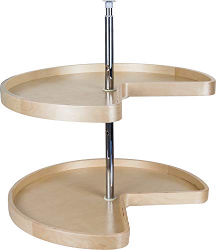 Hardware Resources 2-Tier Lazy Susan Corner Shelf - Kidney-Shaped Rotating Shelves with Adjustable Pole for Kitchen, Cabinet, Cupboard Corners - Wooden Pie Cut Turntable Organizer - White Birch, 28"