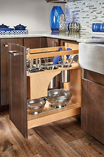 Rev-A-Shelf 448KB-BCSC-11C 11 Inch Base Pullout Kitchen Cabinet Organizer with 2 Universal Knife Blocks and Stainless Steel Utensil Storage Bin