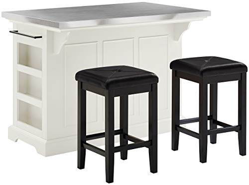 Crosley Furniture Julia Kitchen Island with Stainless Steel Top and Square Seat Stools, White/Black