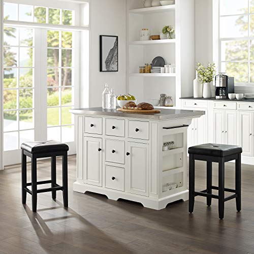 Crosley Furniture Julia Kitchen Island with Stainless Steel Top and Square Seat Stools, White/Black