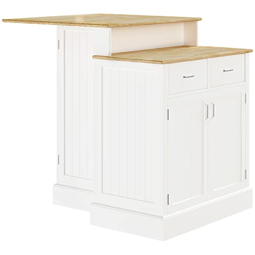 HOMCOM Kitchen Island with Storage Cabinet and 2-Level Rubber Wood Butcher Block Table, Adjustable Shelves, and Drawers