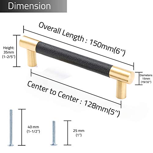 Linkaa Leather Drawer Pull 5 inch, Black Leather Cabinet Handles Black Cabinet Pulls Cabinet Hardware, Gold Cabinet Knobs Dresser Handles, 10 Pack (Black Leather & Brushed Brass)