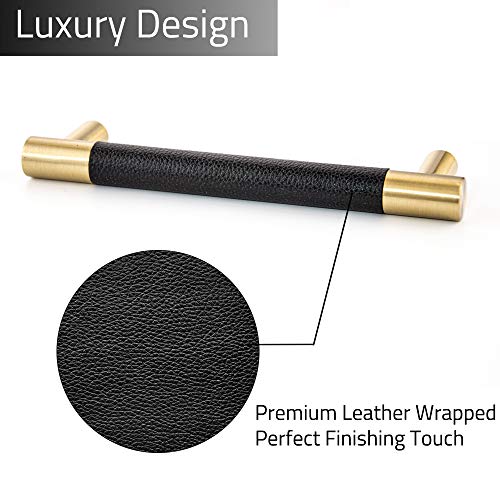Linkaa Leather Drawer Pull 5 inch, Black Leather Cabinet Handles Black Cabinet Pulls Cabinet Hardware, Gold Cabinet Knobs Dresser Handles, 10 Pack (Black Leather & Brushed Brass)