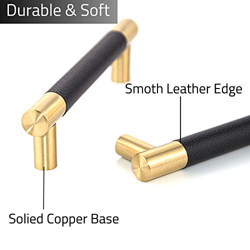 Linkaa Leather Drawer Pull 5 inch, Black Leather Cabinet Handles Black Cabinet Pulls Cabinet Hardware, Gold Cabinet Knobs Dresser Handles, 10 Pack (Black Leather & Brushed Brass)