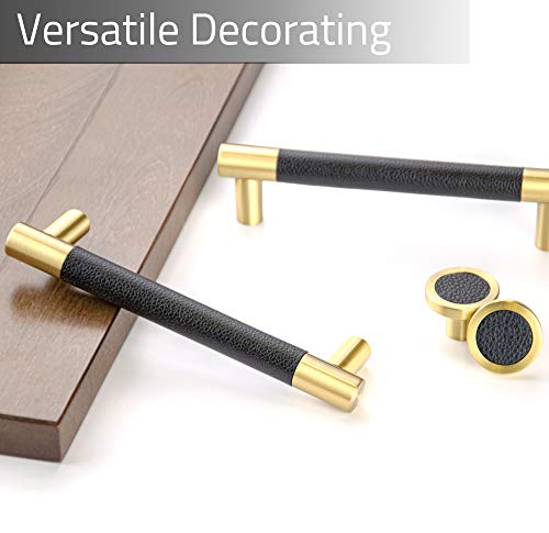 Linkaa Leather Drawer Pull 5 inch, Black Leather Cabinet Handles Black Cabinet Pulls Cabinet Hardware, Gold Cabinet Knobs Dresser Handles, 10 Pack (Black Leather & Brushed Brass)