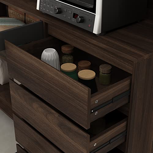 ECACAD Freestanding Kitchen Pantry Storage Cabinet with Glass Doors, Shelves & Drawers, Modern Sideboard Buffet Cabinet, Wood Kitchen Cupboard with Hutch and Hooks, Dark Brown