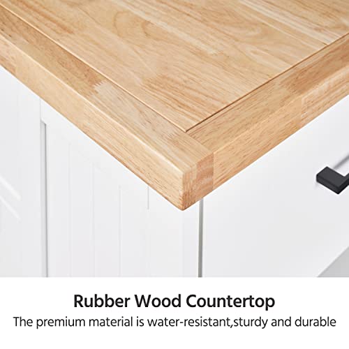 Yaheetech Rolling Kitchen Island Cart with 3 Drawers, Kitchen Storage Cabinet on Wheels with Open Shelves and Inner Adjustable Shelves for Dinning Room/Living Room, Thicker Rubberwood Top, White
