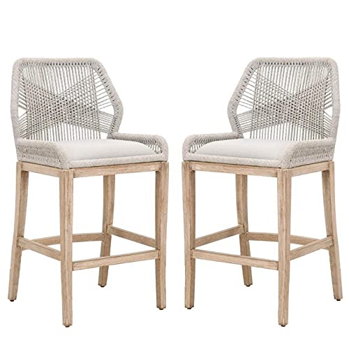 Home Square 2 Piece 30" Upholstered Bar Stool Set in Taupe and White Rope