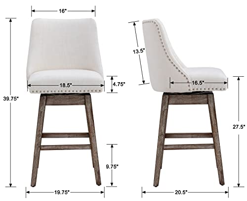 DM Furniture 27.5 inch Counter Height Bar Stools Set of 4 Linen Fabric 360°Swivel Barstools with Back and Wood Legs Upholstered Stool Chairs for Home/Kitchen Island/Breakfast Bar/Restaurant, Cream