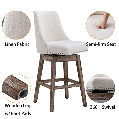 DM Furniture 27.5 inch Counter Height Bar Stools Set of 4 Linen Fabric 360°Swivel Barstools with Back and Wood Legs Upholstered Stool Chairs for Home/Kitchen Island/Breakfast Bar/Restaurant, Cream