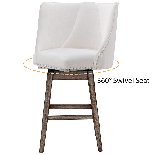 DM Furniture 27.5 inch Counter Height Bar Stools Set of 4 Linen Fabric 360°Swivel Barstools with Back and Wood Legs Upholstered Stool Chairs for Home/Kitchen Island/Breakfast Bar/Restaurant, Cream