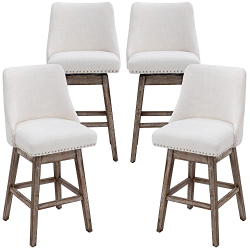 DM Furniture 27.5 inch Counter Height Bar Stools Set of 4 Linen Fabric 360°Swivel Barstools with Back and Wood Legs Upholstered Stool Chairs for Home/Kitchen Island/Breakfast Bar/Restaurant, Cream