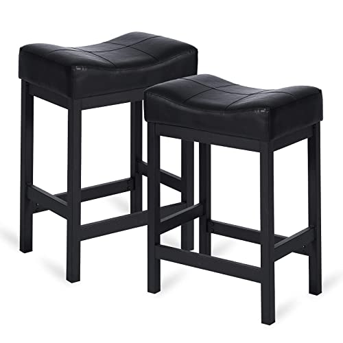 KATDANS Bar Stools Set of 2-Counter Height Stools, 24 Inch Saddle Stool-PU Leather Kitchen Stools, Black Seat-Black Metal Base, KS861P-Black