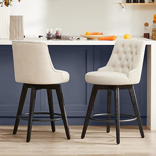 Watson & Whitely Modern Swivel Bar Stools, Performance Fabric Upholstered Counter Height Bar Stool with Back, Solid Wood Legs, 26" H Seat, Set of 2, Tan