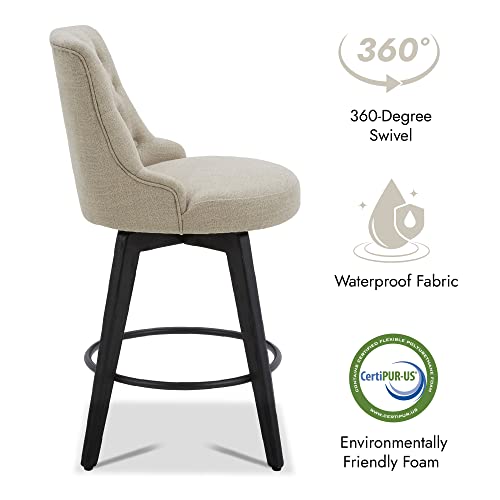 Watson & Whitely Modern Swivel Bar Stools, Performance Fabric Upholstered Counter Height Bar Stool with Back, Solid Wood Legs, 26" H Seat, Set of 2, Tan