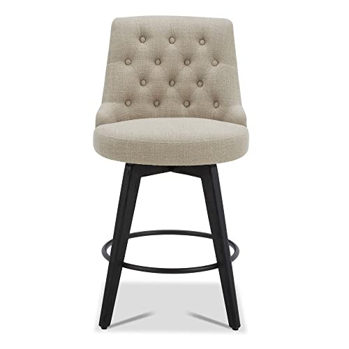Watson & Whitely Modern Swivel Bar Stools, Performance Fabric Upholstered Counter Height Bar Stool with Back, Solid Wood Legs, 26" H Seat, Set of 2, Tan