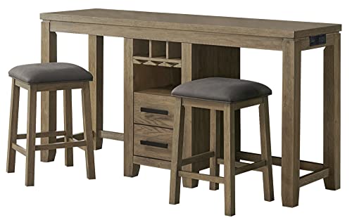 Sunset Trading Saunders 3PC Sofa Console Bar Table & Stool Charging Station | Storage Drawers Glass Wine Rack USB Power Strip | Padded Counter Height Chairs Pub Dining Set, Desert Brown