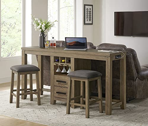 Sunset Trading Saunders 3PC Sofa Console Bar Table & Stool Charging Station | Storage Drawers Glass Wine Rack USB Power Strip | Padded Counter Height Chairs Pub Dining Set, Desert Brown