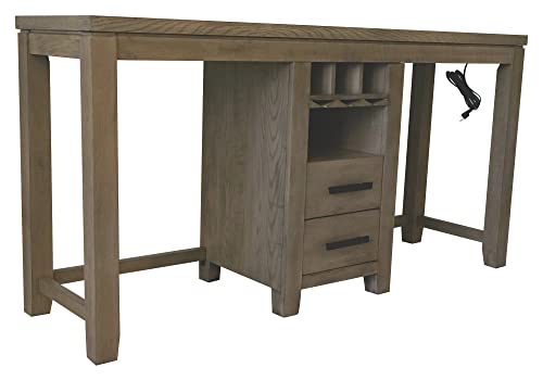 Sunset Trading Saunders 3PC Sofa Console Bar Table & Stool Charging Station | Storage Drawers Glass Wine Rack USB Power Strip | Padded Counter Height Chairs Pub Dining Set, Desert Brown