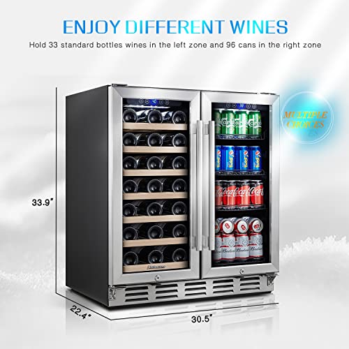 Kalamera Wine Fridge, 30 inch Built in Wine and Beverage Refrigerator, Dual Zone w/ 33 Bottles and 96 Cans Capacity, Digital Touch Control