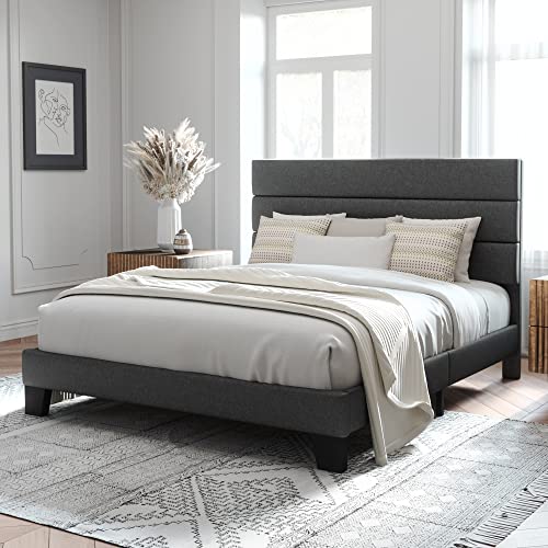 Allewie Queen Size Platform Bed Frame with Fabric Upholstered Headboard and Wooden Slats Support, Fully Upholstered Mattress Foundation/No Box Spring Needed/Easy Assembly, Dark Grey