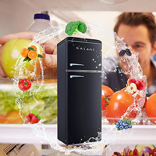 Galanz GLR12TBKEFR Refrigerator, Dual Door Fridge, Adjustable Electrical Thermostat Control with Top Mount Freezer Compartment, Retro Black, 12.0 Cu Ft
