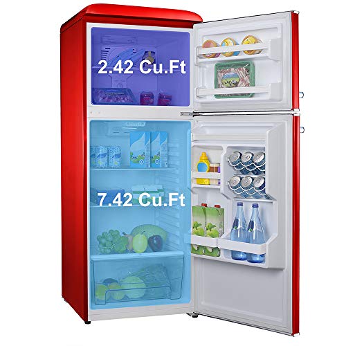 Galanz GLR10TRDEFR True Top Freezer Retro Refrigerator Frost Free, Dual Door Fridge, Adjustable Electrical Thermostat Control, Red, 10 cu ft