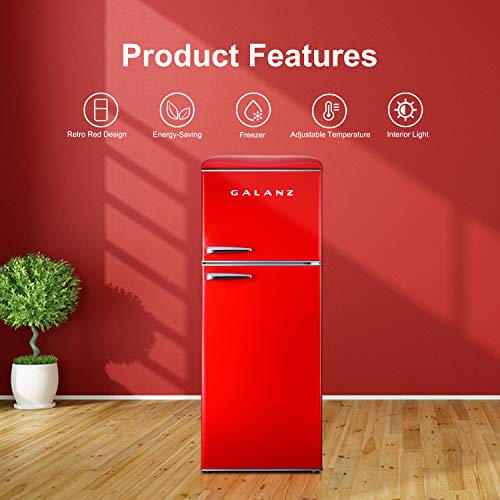 Galanz GLR10TRDEFR True Top Freezer Retro Refrigerator Frost Free, Dual Door Fridge, Adjustable Electrical Thermostat Control, Red, 10 cu ft