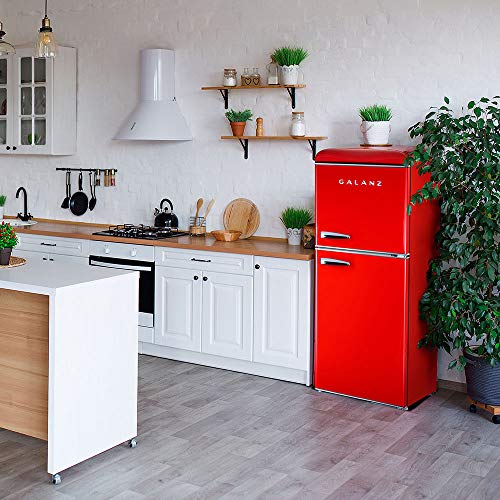 Galanz GLR10TRDEFR True Top Freezer Retro Refrigerator Frost Free, Dual Door Fridge, Adjustable Electrical Thermostat Control, Red, 10 cu ft