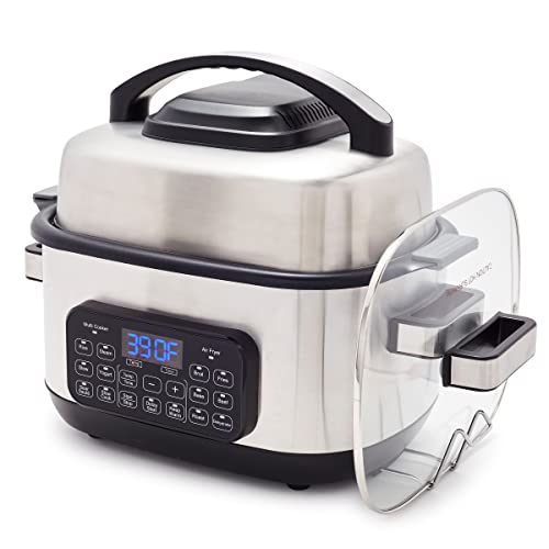 GreenPan Stainless Steel 13-in-1 Air Fryer Slow Cooker & Grill, Presets to Steam Saute Broil Bake and Cook Rice, Healthy Ceramic Nonstick and Dishwasher Safe Parts, Easy-to-use LED Display